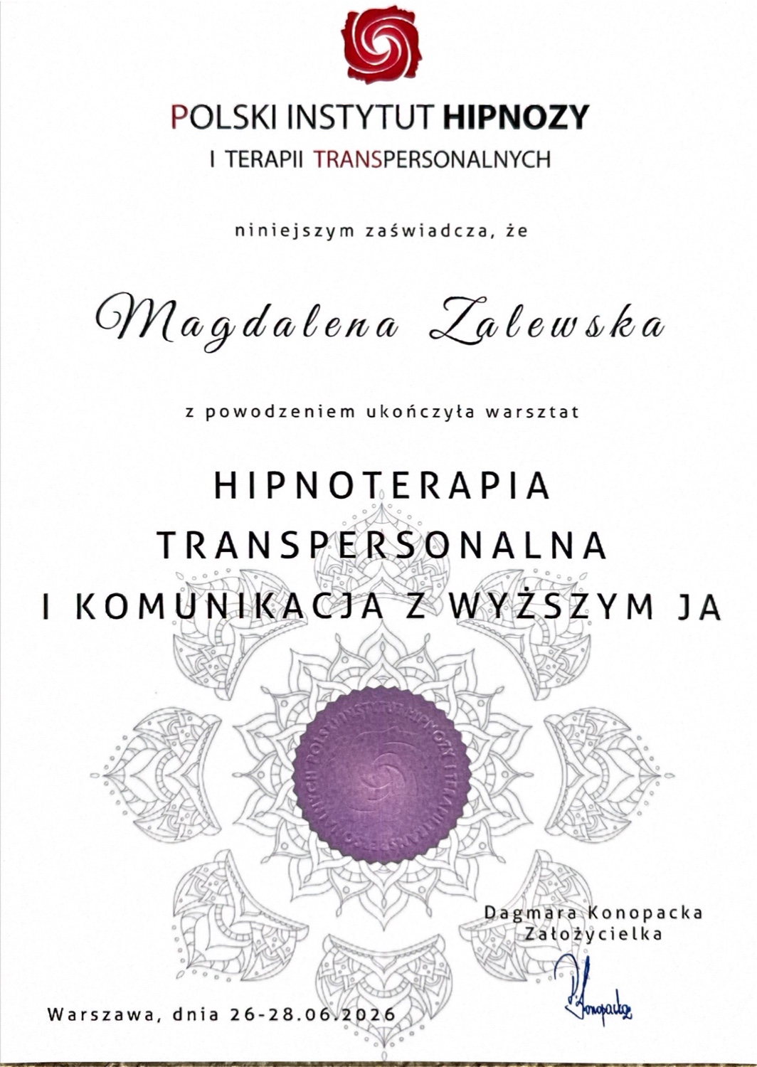 Certyfikat Hipnoterapia Transpersonalna i Komunikacja z Wyższym JA