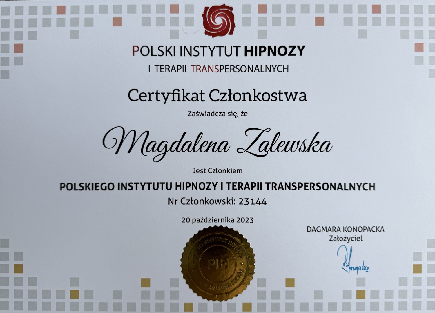 Certyfikat członkostwa PIHT nr 23144