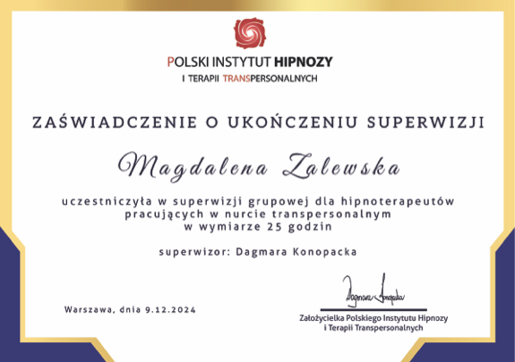 Certyfikat superwizji dla hipnoterapeutów
